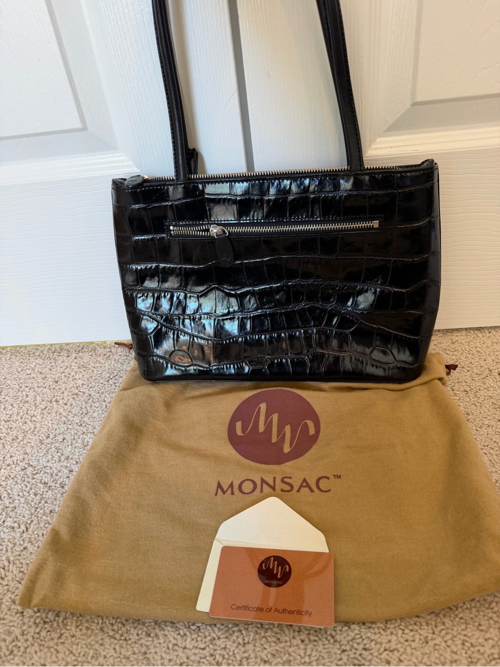MONSAC Black Croc Embossed Patent Leather Shoulder Bag Tote W/ COA